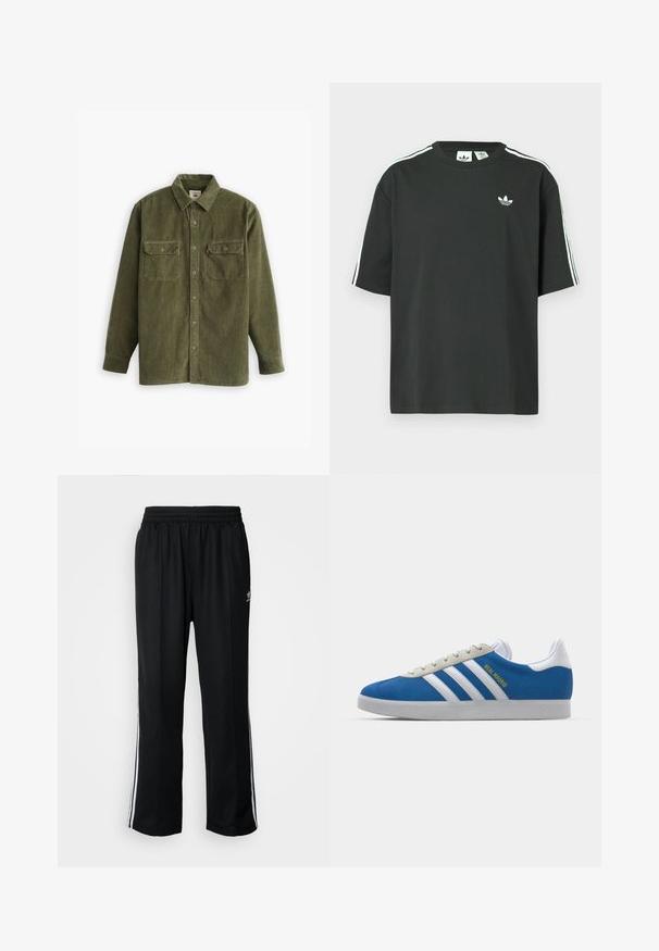 Camisa de corduroy verde-azeitona com fecho de botões na frente, dois bolsos no peito e mangas compridas. Tecido texturizado com detalhe de riscas verticais.; T-shirt preta de algodão com mangas curtas, gola redonda e detalhe branco de três riscas nos ombros. Apresenta um pequeno logotipo branco no peito.; Calças atléticas pretas com um cós elástico, apresentando riscas brancas laterais e um pequeno logótipo. O material parece macio e leve.; adidas Originals ADIDAS GAZELLE SHOES - Botas de futebol de salão - real madrid/bluebird/footwear white/crew yellow