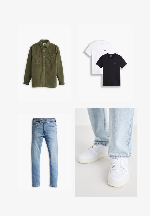 Camicia in corda verde oliva con bottoni sul davanti, due tasche sul petto e maniche lunghe. Tessuto testurizzato con dettagli a righe verticali.; Due magliette a maniche corte: una bianca e una nera. Entrambe in cotone con un logo rosso di Levi's sul petto. Design semplice con scollo rotondo.; Jeans in denim blu chiaro con un design a gamba diritta, cinque tasche, chiusura con bottone e una leggera sbiaditura su tutto il tessuto.; Sneakers bianchi in pelle a bassa punta con punta perforata, lacci piatti e design minimalista. Abbinati a jeans di denim azzurro chiaro.