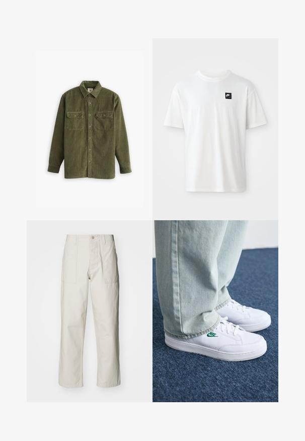 Olive green corduroy shirt with button-up front, two chest pockets, and long sleeves. Textured fabric with vertical ribbing detail.; White cotton t-shirt with short sleeves and a crew neck; features a small black rectangular Nike Air logo on the left chest.; Light beige wide-leg pants made of cotton. Features front pockets and a button closure. Smooth texture with subtle vertical lines.; White leather sneakers with green Nike logo, round toe, flat sole, paired with light blue denim pants, shown on a blue carpet.