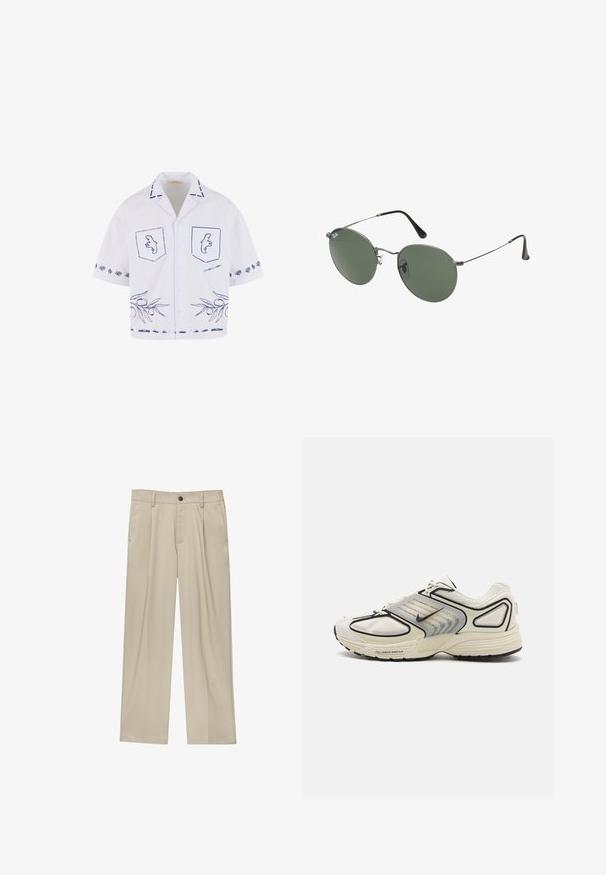 Bela majica s kratkimi rokavi z modrimi grafičnimi vzorci, vključno s žepi, vzorcem olivnih vejic in kontrastnimi detajli ovratnika.; Bela trenirka z dolgimi rokavi, izdelana iz bombaža. Ima okrogel ovratnik, spuščena ramena in rebraste manšete. Gladka tekstura brez vzorcev.; Bež hlače ravnega kroja, z enim črnim gumbom, zanke za pas in stranskimi žepi. Gladka tekstura tkanine in minimalističen dizajn.; Bela atletska čevlja z mrežasto zgornjo plastjo, črnimi akcenti in sivo obrobo. Imajo oblazinjeno podplat z oznako "FULL LENGTH NIKE AIR".; Sončna očala z ovalnimi zelenimi lečami v kovinskem okvirju. Tanjši srebrni kovinski okvir in črne ušesne konice. Minimalistična zasnova, brez vidnih logotipov.