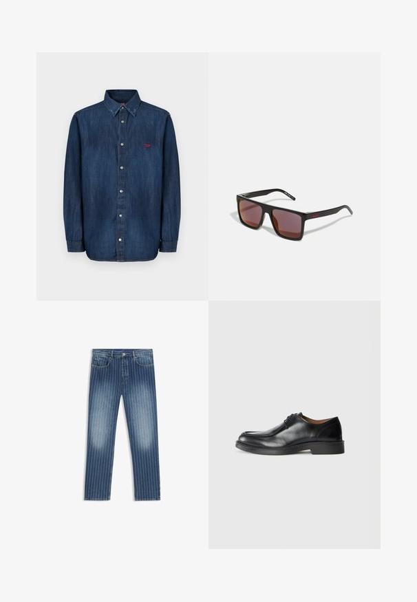 Denim shirt features a dark blue hue, button-down front, pointed collar, long sleeves, and a small red logo on the chest.; Denim jeans with a pinstripe pattern, medium blue color, faded sections, straight leg cut, five pockets, and a metal button closure.; Black leather dress shoe with a rounded toe, smooth surface, lace accents, and a low, textured rubber sole. Clean lines and minimal design.; Black rectangular sunglasses with dark red lenses, featuring a matte finish and red logo on the temple. Sturdy plastic frame.