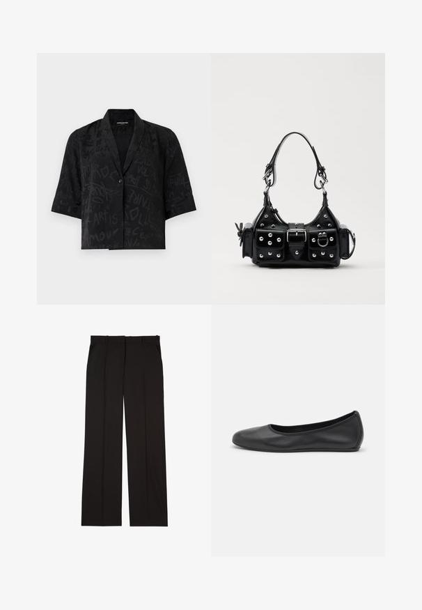 Camiseta preta de manga curta com um tecido texturizado, apresentando padrões abstratos semelhantes a graffiti e um único botão de fecho na frente.; Calças pretas sob medida feitas de um tecido suave, com um design de perna reta e dois bolsos laterais. Construção elegante e minimalista.; Bailarina preta em pele com bico arredondado, textura suave, detalhe de costura minimalista e design de sola flexível.; Bolsa de couro preta com um design curvado, apresentando tachas prateadas, uma fivela e dois bolsos laterais. Alça ajustável para opções de transporte.