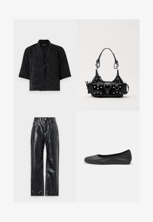Camicetta nera a maniche corte con una trama testurizzata, caratterizzata da motivi astratti simili a graffiti e una chiusura con un unico bottone sul davanti.; Pantaloni neri in finta pelle con taglio wide-leg, dotati di cuciture bianche, tasche anteriori e un bottone dorato in vita.; Pantofole da balletto nere in pelle con punta arrotondata, texture liscia, dettagli di cucitura minimi e design con suola flessibile.; Borsa a mano in pelle nera con design curvo, caratterizzata da borchie argentate, una fibbia e due tasche laterali. Tracolla regolabile per diverse opzioni di trasporto.