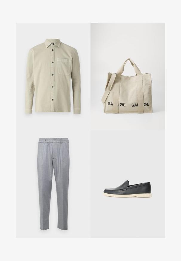 Camisa de manga larga con botones en tejido beige claro. Presenta un collar puntiagudo, un bolsillo en el pecho y botones negros. Diseño simple y texturizado.; Pantalones gris claro con un tejido texturizado, presentan pliegues, una cinturilla clásica y piernas entalladas. Cierre de botón en la parte delantera.; Mocasines de piel negra sin cordones con un acabado texturizado y una suela de goma beige en contraste. Presentan un sutil acento en la parte frontal.; Bolso de lona en beige claro con texto impreso en negro. Presenta asas dobles y una correa para el hombro desmontable. Forma rectangular con un diseño estructurado.