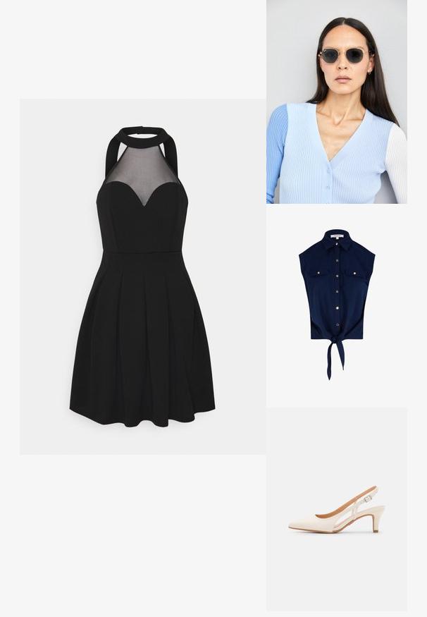 Camicia senza maniche di colore blu navy con colletto, due tasche sul petto con bottoni e nodo nella parte anteriore all'orlo.; Abito nero con collo halter e pannello in rete. Presenta uno scollo a cuore, gonna plissettata e corsetto aderente. Tessuto dalla texture liscia.; Slingback bianco con punta affusolata, materiale superiore liscio, tacco basso a blocco e design con ritagli laterali, dotato di cinturino regolabile con fibbia.; Occhiali da sole rotondi con lenti scure e montatura dorata. Il modello indossa un cardigan leggero azzurro a costine con bottoni e maniche bianche a contrasto.; Wristlet Michael Kors in tela rivestita beige con motivo a logo MK ripetuto, hardware dorato e tracolla a catena staccabile.