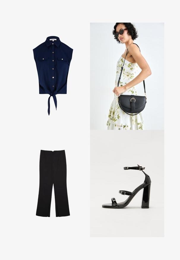 Navyblauwe mouwloze blouse met knopen en kraag, twee borstzakken met knopen en een geknoopte strik aan de onderkant.; Zwarte broek met een rechte pasvorm, voorzien van zijzakken en plooien aan de onderzijde. Gemaakt van zachte, gladde stof. Geschikt voor verschillende gelegenheden.; Zwarte gepatenteerde sandalen met hak en een vierkante neus, enkelbandjes en zilveren gespen. Heeft een stevige blokhak voor stabiliteit.; Zwarte leren handtas met een gebogen vorm, afneembare schouderband en gouden hardware. De tas heeft een klep met een gespsluiting.