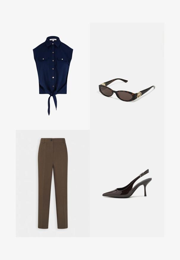 Marineblaues ärmelloses Hemd mit Knopfleiste und Kragen, zwei Brusttaschen mit Knöpfen und einem vorn gebundenen Knoten am Saum.; Gerade geschnittene braune Hosen mit Gürtelschlaufen und einem einzelnen Frontknopfverschluss, auf einem weißen Hintergrund präsentiert.; Slingback-Pumps aus glänzendem dunklen braunen Lackleder, mit spitzer Zehenpartie, offenen Seiten und verstellbarem Knöchelriemen.; Schildpatt-Sonnenbrille mit länglich-ovalen Gläsern, braunem Farbton, goldenen Logo-Akzenten an den Bügeln und schlanken schwarzen Bügeln.; Braun gemusterte Handtasche aus strukturierter Stoff, mit braunem Ledergriff und goldenen Logodetails auf einem beigen Hintergrund. Geschwungene, strukturierte Form.