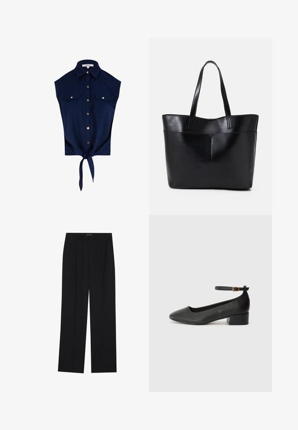 Camisa sin mangas de color azul marino, con botones y cuello, dos bolsillos en el pecho con botones, y un nudo atado en la parte delantera.; Pantalones negros con un diseño de pierna recta, que cuentan con dos bolsillos frontales y una cinturilla. Fabricados con una tela suave y ligera.; Zapato de tacón negro de cuero con punta afilada y tacón bajo cuadrado. Presenta una correa para el tobillo con una hebilla en tono dorado. Textura suave.; Bolso tote de cuero negro con dos asas largas, textura suave y forma estructurada. Cuenta con un bolsillo frontal para almacenamiento adicional.