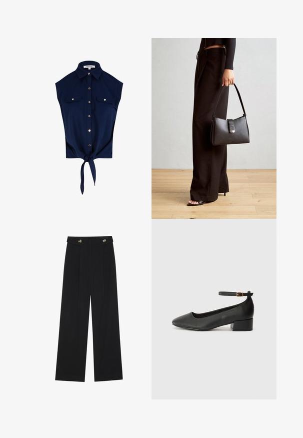 Tumedat sinise värvi ilma varrukateta nuppude ja kaelusega särk, millel on kaks rinnataskut nuppudega ja ees sidumisega sõlm hemmi juures.; Mustad laiad püksid kõrge vöökoha ja nööpdetailidega vööandil, esikortsudega.; Must mustaapp, millel on terav nina ja madal blokk-kand. Omab pahkluu rihma koos kuldse tooni pandlaga. Sile tekstuur.; Must musta kott, millel on struktureeritud kuju, sile tekstuur ja metallist klamber. Kombineeritud laiate mustade pükstega ja avatud varvaste sandaalidega puidust põrandal.