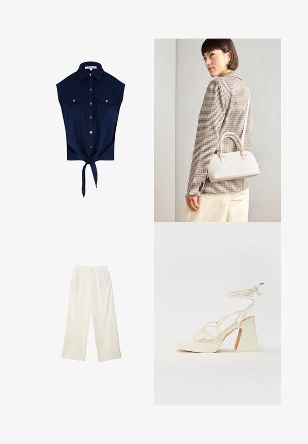Marineblaues ärmelloses Hemd mit Knopfleiste und Kragen, zwei Brusttaschen mit Knöpfen und einem vorn gebundenen Knoten am Saum.; Helle Stoffhose mit weitem Bein und glatter Textur, ausgestattet mit einem einzelnen Knopf vorne, dezenten Falten und einem Hochbund-Design.; Weiße High-Heel-Sandale mit einem klobigen Absatz, die über ein Riemchendesign und ein Knöchelband verfügt. Glatte Textur mit einer Plattform vorne für zusätzliche Höhe.; Weiße strukturierte Handtasche mit kurzen Griffen und einem Schultergurt, ausgestattet mit goldfarbenen Hardware-Elementen und strukturiertem Material, vor einem grauen Hintergrund präsentiert.