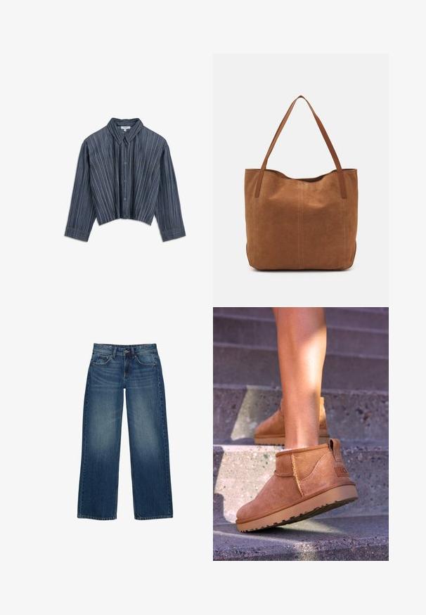 Chemise à manches longues bleu marine, cintrée, avec des rayures verticales et des détails de couture jaunes contrastants.; Jean en denim bleu à jambes larges avec un effet délavé, un design à cinq poches et des coutures contrastées. Fermeture par un bouton et un zip.; Bottines en suede beige avec une texture douce, des détails cousus et une semelle en caoutchouc, dotées d'un talon en boucle pour un enfilage facile.; Sac fourre-tout en suede marron avec deux longues poignées, présentant une texture lisse, un design simple, et sans matériel ni accents visibles.