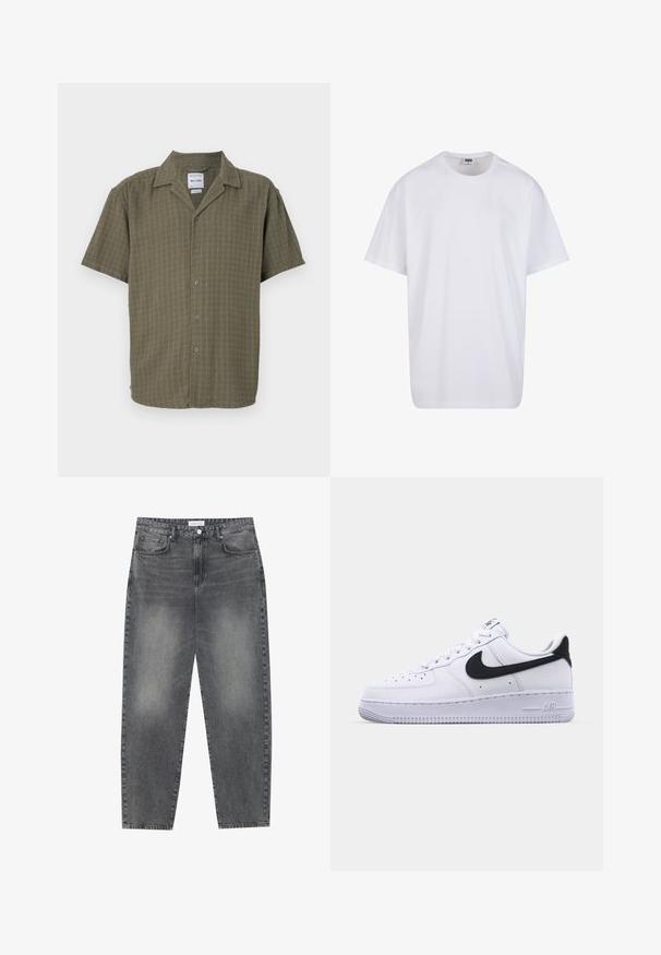 Olajzöld rövidujjú ing, texturált mintával, gombos elülső résszel és klasszikus gallérral. Puha, lélegző anyagból készült.; Fehér pamut póló rövid ujjal, kerek nyakú, laza szabású, és nincsenek látható logók vagy minták. Simább textúra és minimalista dizájn.; Magasan szabott, bővebb szabású farmernadrág fakó fekete denim anyagban. Öt zsebbel, övhurkokkal és tiszta, egyenes lábszár dizájnnal rendelkezik.; Fehér bőr sneaker texturált fekete Swooshal, lapos fűzőkkel és bordázott mintázatú gumitalppal. Az „AIR” felirat a saroknál van belefogva.