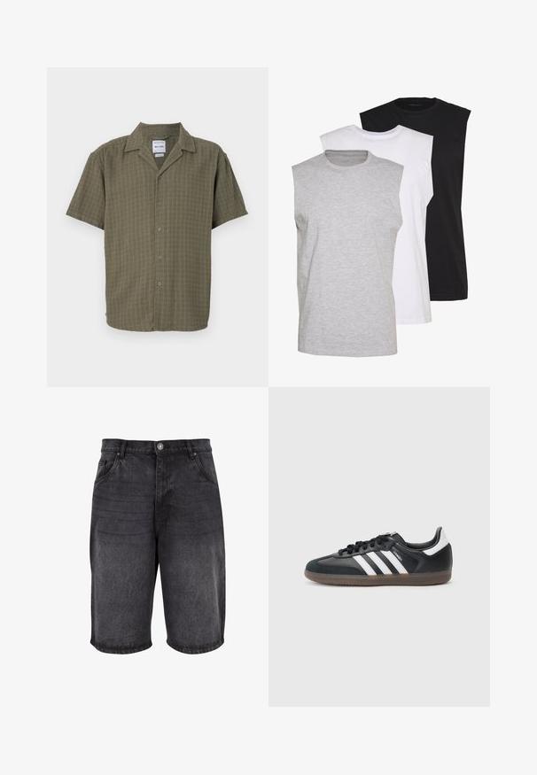 Korte mouwen shirt in olijfgroen, met een textuurpatroon, knoopsluiting aan de voorkant en een klassieke kraag. Gemaakt van zachte, ademende stof.; Drie mouwloze T-shirts in grijs, wit en zwart. Zacht katoenmateriaal met een ronde hals en een relaxte pasvorm. Eenvoudig ontwerp, geen patronen.; Zwarte denim short met een relaxte pasvorm, vijf zakken en een knoopsluiting. De stof heeft een zachte textuur met subtiele vervaging.; Zwarte synthetische sneaker met een witte drie-strepen ontwerp, een textuur grip zool en zwarte veters. Lage sportieve stijl.