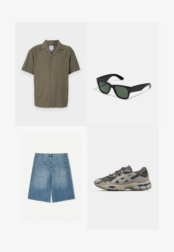 Korte mouwen shirt in olijfgroen, met een textuurpatroon, knoopsluiting aan de voorkant en een klassieke kraag. Gemaakt van zachte, ademende stof.; Lichtblauwe denim shorts met een losse pasvorm, voorzien van twee achterzakken en zichtbare stiksels. De stof heeft een zachte, gladde textuur.; Grijze en beige sport schoen met mesh panelen, gestippeld textuur en zilveren accenten. Heeft een gevoerde zool en vetersluiting.; Zwarte rechthoekige zonnebril met groene lenzen, matte afwerking, subtiele hardwareaccenten en een gegraveerd logo op de slaap.