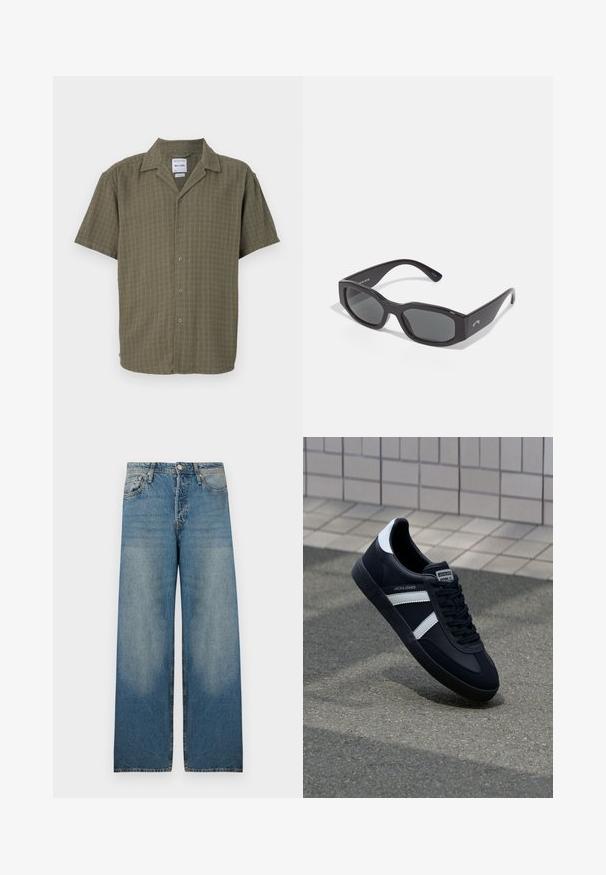 Lyhyet hihat -paita oliivinvihreänä, jossa on teksturoitu kuvio, napitettava etuosa ja klassinen kaulus. Valmistettu pehmeästä ja hengittävästä kankaasta.; Vaaleansiniset leveälahkeiset farkut denim-kankaasta, joissa on korkea vyötärö, viisi taskua ja haalistuneet alueet vintage-tyylin saavuttamiseksi.; Mustat nahkakengät valkoisilla raidoilla, teksturoitu kumipohja ja nauha edessä. Varustettu merkkitarralla kielen päällä.; Musta suorakulmainen aurinkolasit tummilla linsseillä. Paksu muovikehys, jossa on sileä pinta ja hienovarainen brändäys sivussa.