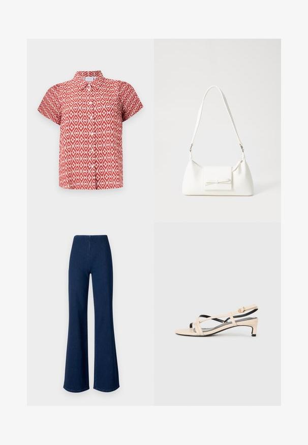 Piros, rövid ujjú ing, fehér gyémántmintával. Galléros, gombos záródással, laza szabású és könnyű anyagú.; Sötétkék, trapéz szabású farmernadrág, rugalmas derékkal. Simás textúrával és széles lábszárral rendelkezik, amely a szegélyig terjed.; Beige bőr női szandál, keresztpántos kialakítással, alacsony sarokkal és fekete kiegészítőkkel. Simogató tapintás és minimál stílus.; Fehér szintetikus kézitáska, háromszög alakú, lapos előlap, masni részlettel, állítható pánttal, sima textúrával és minimalista dizájnnal.