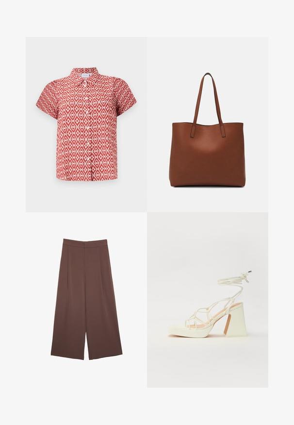 Camicia rossa a maniche corte con motivo a rombi bianchi. Con colletto e chiusura a bottoni, ha una vestibilità comoda e una leggera texture in tessuto.; Pantaloni ampi marroni con una texture liscia, caratterizzati da una vita alta e pieghe frontali. Il tessuto è leggero e scorre liberamente.; Sandalo bianco con tacco alto, caratterizzato da un design a cinturini e un legaccio alla caviglia. Texture liscia con una piattaforma frontale per un'altezza aggiuntiva.; Borsa tote in pelle marrone con texture liscia, design con apertura superiore e due spallacci. Presenta cuciture minime e nessun hardware visibile.