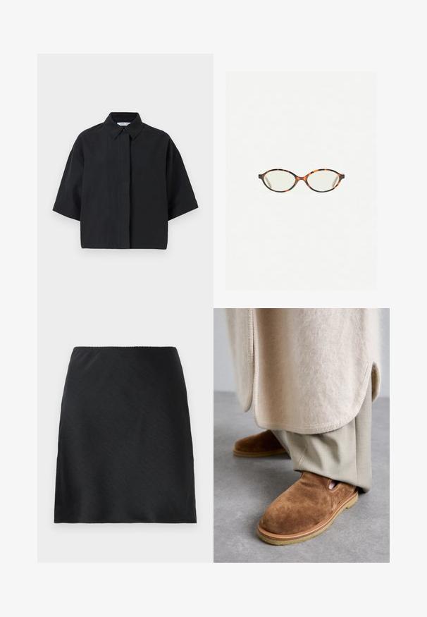 Camicia a maniche corte con colletto di colore nero solido. Realizzata in tessuto leggero con una vestibilità comoda. Presenta una chiusura frontale con bottoni e cuciture minime.; Gonna mini nera in satin con una texture liscia e un orlo dritto, presentata su uno sfondo bianco semplice.; Scarpe slip-on in suede marrone con punta tonda, suola in gomma e dettagli a taglio laterale, abbinate a pantaloni beige chiaro su misura.; Occhiali in tartaruga con lenti ovali e una finitura liscia e elegante. Presentano aste sottili con una leggera curva alle tempie. Lenti trasparenti.