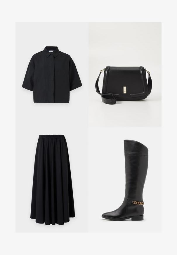 Krátký rukáv, košilové triko v jednobarevné černé. Vyrobeno z lehkého materiálu s volným střihem. Obsahuje přední zapínání na knoflíky a minimální švy.; Černá dlouhá sukně vyrobená z měkké tkaniny s širokým, nařaseným elastickým pasem a hladkým, splývavým designem. Bez vzorů nebo akcentů.; Vysoké černé kožené boty s elegantním designem, špičatou špičkou a zlatým řetízkem na kotníku. Nízký blokový podpatek. Hladká textura.; Černá kožená crossbody taška se strukturovaným tvarem, zlatými kovaními a odnímatelným popruhem. Disponuje hladkým povrchem a klopnou na zavírání.