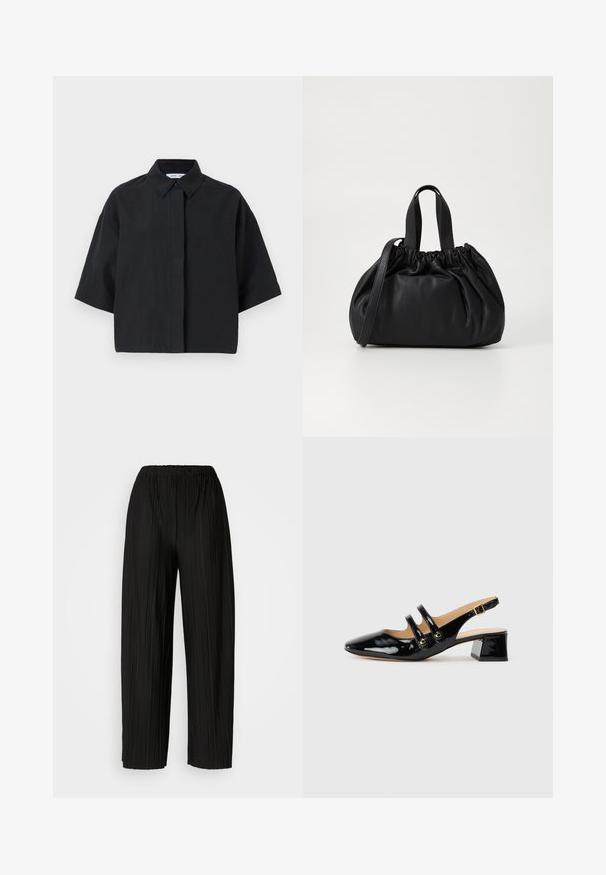 Camisa de manga corta con cuello en color negro sólido. Fabricada con una tela ligera y de corte relajado. Presenta un cierre frontal con botones y una costura mínima.; Pantalones anchos de pierna amplia, de color negro, con una cintura elástica. La tela presenta pliegues verticales y una textura suave.; Zapato de charol negro tipo slingback con punta puntiaguda, detalle de dos correas, acentos circulares dorados y un tacón bajo tipo bloque.; Bolso de mano de cuero negro con un diseño de parte superior fruncida, que cuenta con dos asas cortas y una correa larga ajustable. Textura suave, forma redondeada.