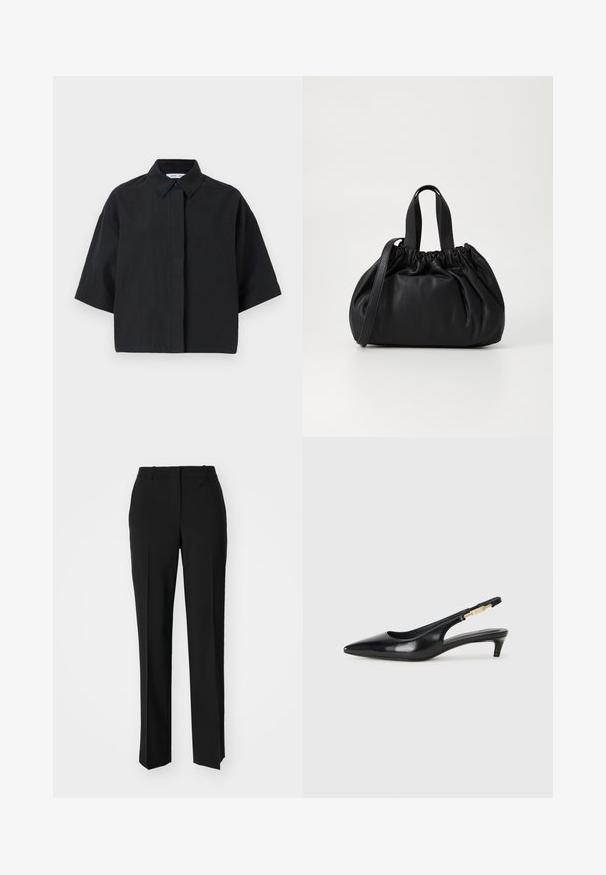 Lühikeste varrukatega, krae ja musta värviga särk. Valmistatud kergest kangast, millel on mugav lõige. Ees on nupuline sulgemine ja minimaalne õmblus.; Mustad ja sirged püksid, millel on sile tekstuur ja teravad voldid esiosas. Ilma nähtavate detailideta.; Mustad nahast slingback kontsad terava ninaga, millel on õhuke konts ja kuldse tooni aktsent reguleeritaval rihmal. Sile tekstuur.; Mustmust mustkott mustrihmaga ülaosa disainiga, millel on kaks lühikest käepidet ja pikk reguleeritav rihm. Sile tekstuur, ümar kuju.