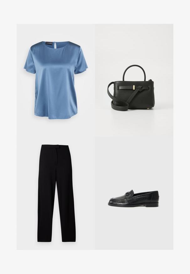 Modrá saténová blúzka s krátkym rukávom, štvorcovým výstrihom a zipsom na chrbte. Hladká textúra a mierne voľný strih.; Čierne široké nohavice vyrobené z mäkkého, elastického materiálu. Majú hladký pás a žiadne viditeľné švy ani vrecká. Jednoduchý a všestranný dizajn.; Čierne kožené mokasíny so hladkým povrchom, s embosovaným lineárnym vzorom a dekoratívnou prackou na priehlavku. Nízky blokový podpätok.; Čierna kožená kabelka s textúrovaným povrchom, hornými uchami a dlhým nastaviteľným popruhom. Vpredu má zlatý kovový doplnok.