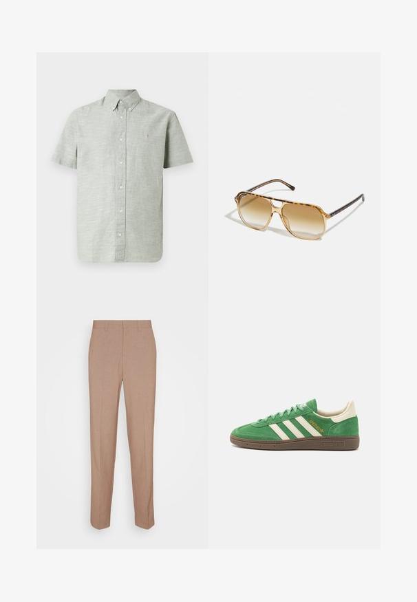 Camisa de algodón de manga corta, de color verde claro, con cuello abotonado, botones en el frente y un pequeño acento bordado en el pecho.; Pantalones beige a medida en una tela lisa y con textura. Corte recto con cintura y sin adornos ni bolsillos visibles.; Zapatilla de ante verde con diseño de tres rayas blancas, acentos crema y suela texturizada marrón. "SPEZIAL" bordado en dorado en el lateral.; Gafas de sol carey con montura rectangular, lentes en degradado marrón y elegantes patillas negras con sutiles acentos de logo.; Bandolera de cuero marrón con una tapa frontal plana, dos correas, detalles en metal dorado y una correa para el hombro ajustable.