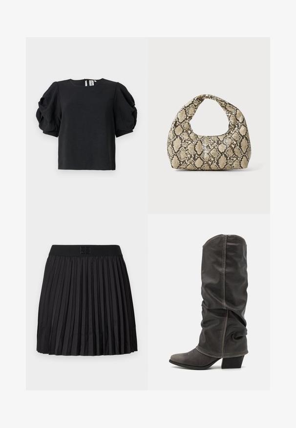 Musthave mustriga pehme lapiga, puhvärviga varrukatega ja ümmarguse kaelusega. Seljaosas on väike klahvkinnitus.; Must mustriga seelik, millel on sile tekstuur, musta värvi elastne vöökoht ja esiküljel reljeefne logo detail.; Hallid hall nahk-saapad, mis ulatuvad säärtesse ja millel on lohkuv disain, terav nina ja kihiline konts. Tähelepanuväärne õmblemise detail varvaste piirkonnas.; Musta käärmeprindiga kott kõveraga käepidemega. Valmistatud tekstiilsetest, beežidest ja pruunidest materjalidest, millel on iseloomulik rombikujuline muster.