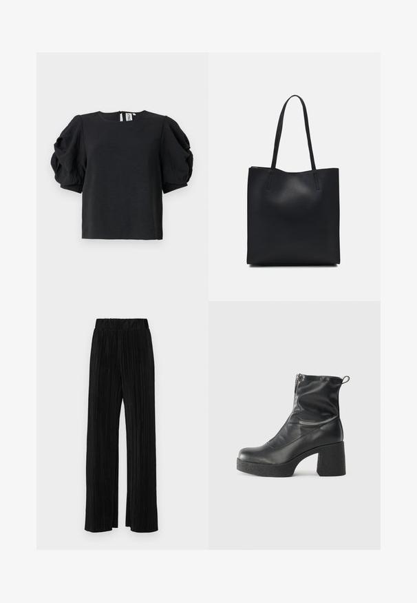 Black top with a textured finish, featuring puffed sleeves and a round neckline. Closure at the back with a small keyhole.; Black pleated trousers with an elastic waistband. Features wide legs and a smooth, textured fabric with vertical stripes.; Black ankle boots made of smooth leather, featuring a side zipper, chunky textured heel, and rounded toe design.; Black leather tote bag with smooth texture, rectangular shape, and two long handles. No visible hardware or embellishments.