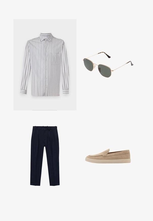 Cămașă cu nasturi de culoare gri deschis, cu dungi verticale albe, mâneci lungi, guler, un singur buzunar pe piept și o textură subtilă.; Pantaloni navy dintr-un material neted, cu o croială ușor ajustată, plisuri în față, bucle pentru curea și un sistem de închidere cu un singur nasture.; Pantofle din suede bej, cu varf rotund si detalii cusute. Talpa din cauciuc de culoare deschisa, cu un design de profil scazut.; Ochelari de soare cu ramă din metal auriu și lentile de culoare verde închis, stil aviator, cu brațe subțiri și accente din fâscă pe vârfuri.