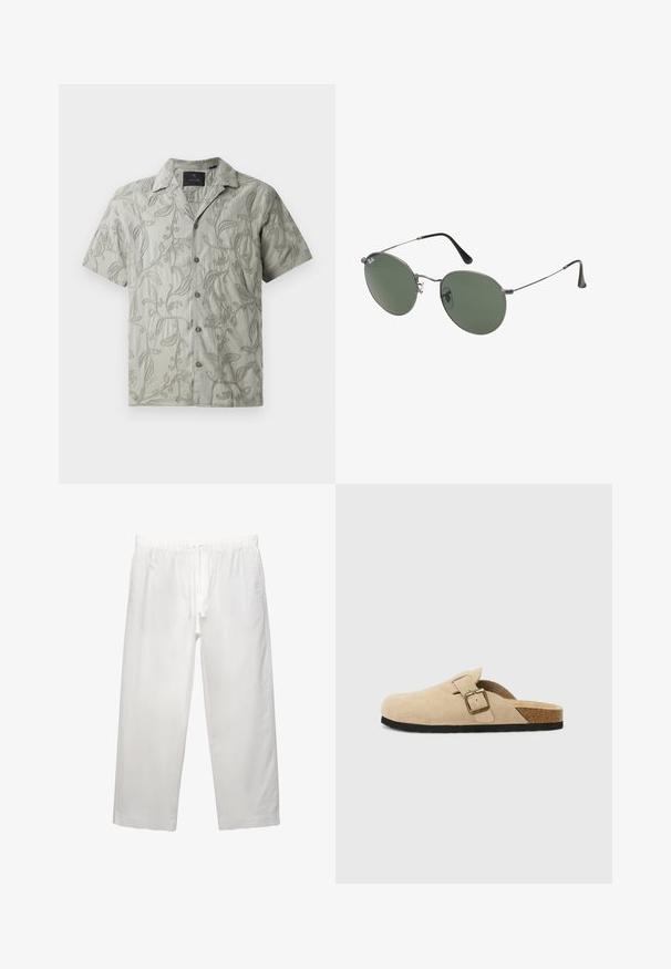 Svetlo siva majica s kratkimi rokavi, okrašena z vezenimi cvetličnimi vzorci, z razkopanim ovratnikom in sprednjim gumbom z sivo obrobo.; Bela bombažna majica s kratkimi rokavi, okroglo izrezana in udobnega kroja. Gladka tekstura brez vidnih vzorcev ali dekoracij.; Bela lanena hlača z elastičnim pasom in vrvico, širokega kroja in čistimi šivi. Gladka tekstura s sproščenim krojem.; Bež sueded klompe na potplat s koricom, zaobljenim vrhom i jednostavnom trakom s zlatnim kopčom. Gumeni potplat za prianjanje.; Sončna očala z ovalnimi zelenimi lečami v kovinskem okvirju. Tanjši srebrni kovinski okvir in črne ušesne konice. Minimalistična zasnova, brez vidnih logotipov.