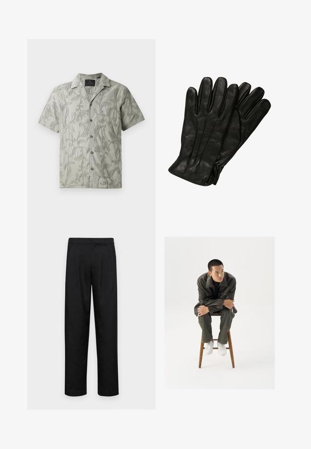 Koszula krótko rękawowa w jasnoszarym kolorze z haftowanymi wzorami roślinnymi, kołnierzykiem typu camp i z przodem zapinanym na szare guziki.; Czarne spodnie wykonane z gładkiego materiału, z prostą nogawką, dwoma fałdami z przodu oraz standardowym paskiem z wypustkami na pasek.; Brązowa skórzana kurtka z szerokim kołnierzem, zestawiona z ciemnozielonymi dżinsami i białymi sneakersami. Model siedzi na drewnianym stołku.; Czarne skórzane rękawiczki o gładkiej fakturze, pięć palców i subtelne detale w szwach. Klasyczny design, odpowiednie do użytku w zimnych warunkach.