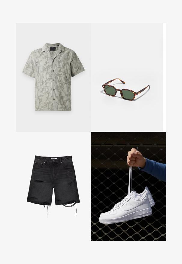 Světle šedá košile s krátkým rukávem, zdobená vyšívanými květinovými vzory, má límec ve stylu camp a zapínání na knoflíky s šedými knoflíky.; PULL&BEAR BERMUDA - Džínové kraťasy - black; Bílé kožené tenisky s perforacemi, kulatou špičkou, plochou podrážkou a silnými tkaničkami, které mají viditelné logo swoosh a nápis "AIR" na patě.; Kočičí brýle v barvě želvoviny se zelenými skly, s osmiúhelníkovým tvarem a úzkými, zakřivenými stranami. Materiál má lesklý povrch.