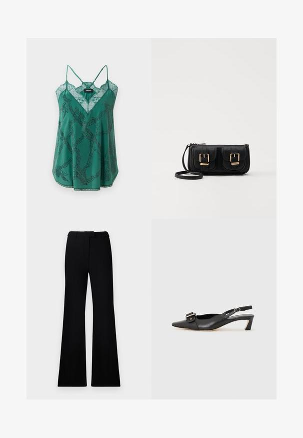 Zielona satynowa koszulka na ramiączkach z dekoltem w kształcie V i koronkowymi detalami. Posiada wzór w łańcuch z koralikowymi akcentami oraz cienkie, regulowane ramiączka.; Czarne rozszerzane spodnie o gładkiej fakturze, z dopasowaną talią i kieszeniami z przodu, zaprojektowane w eleganckim, nowoczesnym stylu.; Czarne skórzane buty typu slingback z ostrym noskiem, małym obcasem i ozdobnym zapięciem na górze. Gładka faktura, minimalistyczny design.; Czarna skórzana torba na ramię z dwoma przednimi kieszeniami, złotymi klamrami, zamkiem błyskawicznym i cienkim paskiem. Teksturowana powierzchnia i kompaktowy prostokątny kształt.