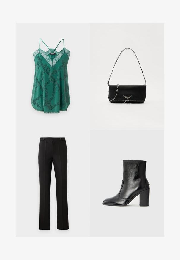 Camicetta in raso verde con scollatura a V e dettagli in pizzo. Caratterizzata da un motivo a catena con accenti di perline e sottili spalline regolabili.; Pantaloni neri su misura con gamba dritta, due tasche frontali, chiusura con bottone e dettagli con pieghe sul davanti. Tessuto morbido.; Stivale alla caviglia in pelle nera, con una superficie liscia, punta affilata e tacco alto e massiccio. Presenta una apertura laterale e un design minimalista.; Borsa a mano in pelle nera con una tracolla in catena argento, caratterizzata da decorazioni a forma di ali e cuciture bianche lungo la cucitura inferiore.
