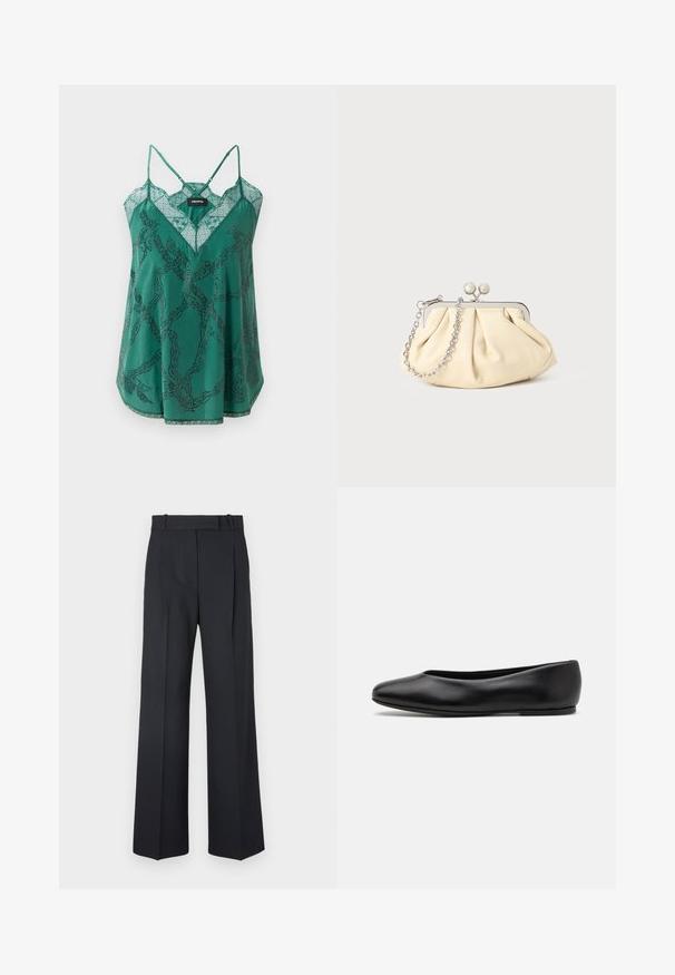 Grøn satin cami-top med V-hals og blonde detaljer. Har et kædemønster med perleaccentuer og tynde justerbare stropper.; Mørkeblå stribede bukser med høj talje, vidde bendesign og ingen synlig hardware eller dekorationer. Glat tekstur og skræddersyet pasform.; Paul Smith TOPANGA - Ballerinasko - black; Plisseret beige læderclutch med en sølvmetalramme, der har to runde dekorative låse og en sølvkædetrasporte.