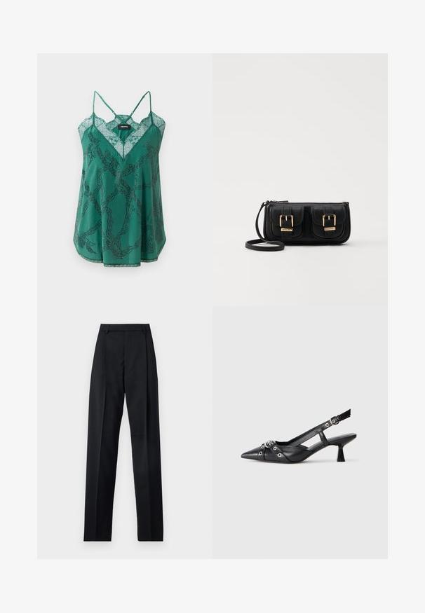 Žalias satino kamizolas su V formos iškirpte ir nėrinių detalėmis. Turi grandinėlės raštą su karoliukų akcentais ir plonas reguliuojamas petnešas.; Juodos kelnės iš lygaus audinio, pasižyminčios aukštu liemeniu, plačiomis kojomis, priekinėmis klostėmis ir klasikiais diržo kilpomis. Šoninių kišenių nematyti.; Juodas odinis slingback tipo batai su smailiu priekiniu atvartu, dekoratyvinėmis sagtimis su metaliniais akyčiais ir žemu blokiniu kulnu. Saldus paviršius.; Juodas odinis per petį nešiojamas krepšys su dviem priekiniais kišenėmis, auksiniais sagtimis, užtrauktuko uždarymu ir siauromis petnešomis. Textūruota paviršius ir kompaktiškas stačiakampis formatas.