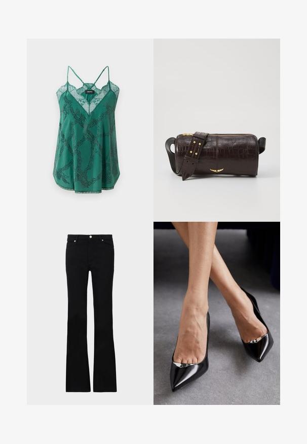 Zelená saténová tielko s výstrihom do V a čipkovými detailmi. Má vzor reťazca s korálkami a tenkými nastaviteľnými ramienkami.; Čierne rozšírené džínsy vyrobené z denimu, s dvoma prednými vreckami, zapínaním na gombík a hladkým povrchom. Viditeľné podpisové šitie na švoch.; Čierne kožené topánky na vysokom opätku s špicatou špičkou a otvoreným dizajnom, ktorý obsahuje dekoratívny strieborný akcent. Hladká textúra s lesklým povrchom.; Hnedá taška z kože s embosovaným vzorom krokodíla, cylindrického tvaru, so zlatými hardvérovými doplnkami a odnímateľným popruhom so štítkami.