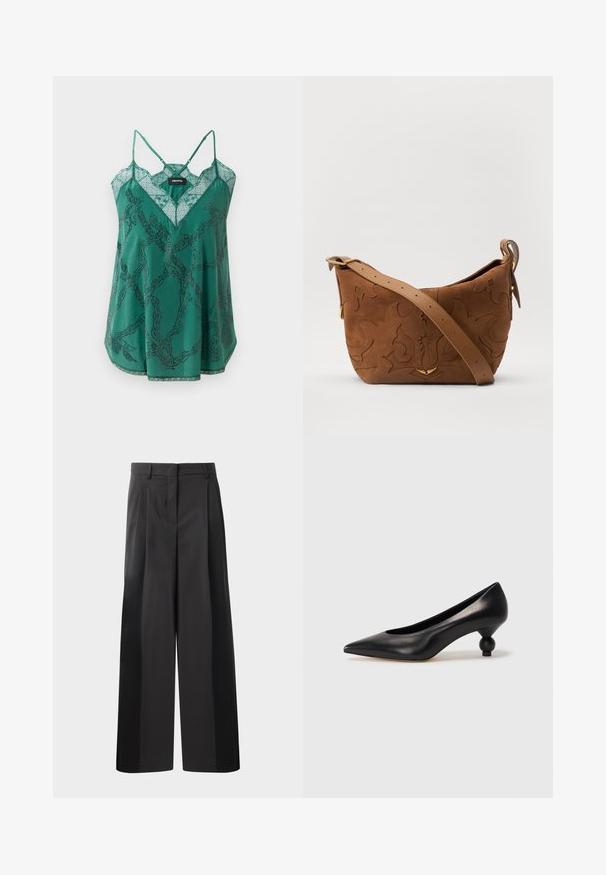 Green satin camisole with a V-neck and lace detailing. Features a chain pattern with beaded accents and thin adjustable straps.; Black wide-leg trousers with a high waist, featuring front pleats, a smooth texture, and a tailored finish. Designed for a relaxed fit.; Black leather high heel shoe with a pointed toe and a round, balled heel. Smooth texture with a sleek, minimal design.; Brown suede shoulder bag with embossed floral design, complemented by a smooth brown leather strap and gold-tone hardware accent.