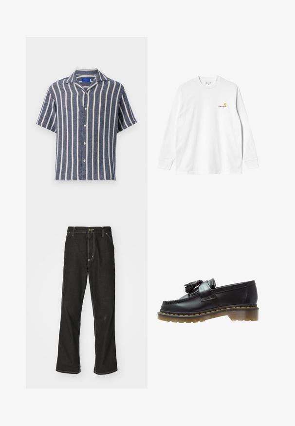 Cămașă cu mânecă scurtă, de culoare bleu marin, cu dungi verticale albe. Fabricată dintr-un material texturat, care are guler cu vârf și închidere cu nasturi.; Tricou alb din bumbac cu mânecă lungă și guler rotund, având un mic logo galben și burgund pe pieptul stâng. Manșete și tiv fără cusături.; Jeans negri din denim, cu o croială largă, cu cusături albe contrastante, închidere cu nasture și un design cu picior drept.; Mocasini din piele neagră cu un finisaj texturat, având un ciucure decorativ și cusături contrastante de culoare galbenă, pe un toc masiv, transparent.