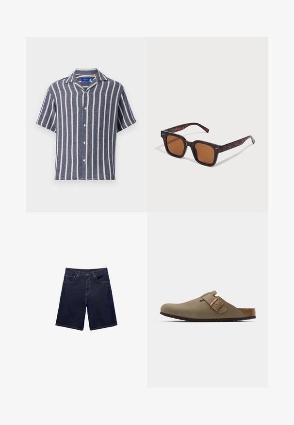 Krátký rukáv, košile v námořnické modři s bílými vertikálními pruhy. Vyrobena z texturované látky, s reverzním límcem a zapínáním na knoflíky.; Džínové šortky v tmavě modré barvě, s klasickým střihem, pěti kapsami a kontrastním prošitím. Hladká textura s pevným pásem.; Hnědé dřeváky s hladkým matným povrchem. Na boku mají výraznou bronzovou sponu. Korek a gumová podrážka pro pohodlí.; Želvovinové sluneční brýle s robustním čtvercovým rámečkem, hnědými čočkami a jemnými stříbrnými akcenty na spáncích. Hladký plastový povrch.