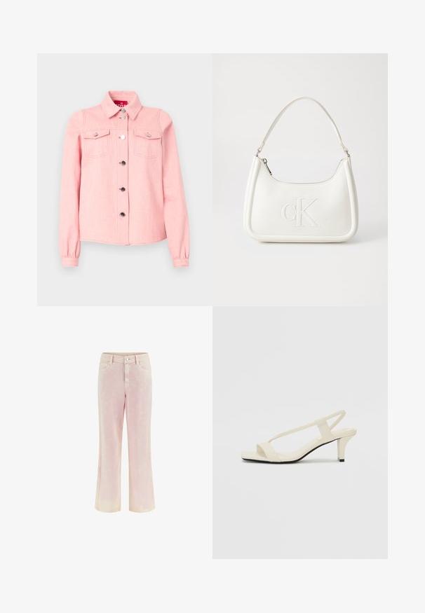 Világos rózsaszín farmerdzseki hosszú ujjal, hegyes gallérral, két mellzsebbel, és ezüst színű patentgombokkal az elején. Puha tapintású.; Világos rózsaszín, relaxált fazonú farmernadrág, enyhén kopott felülettel. Öt zsebből és elülső gombos záródásból áll.; Beige színű, blokksarkú szandálok vékony pántokkal és négyzet alakú orral. Simább anyag, minimális részletezéssel, amely könnyű viselésre lett tervezve.; Fehér bőrtáska ívelt formájú, elöl feltűnő "CK" logóval, egyetlen vállpánttal. Cipzáras zárás a tetején.