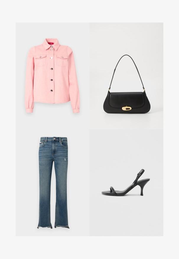 Giubbotto di jeans rosa chiaro con maniche lunghe, colletto a punta, due tasche sul petto e bottoni a pressione argentati lungo la parte anteriore. Texture morbida.; Jeans di denim blu con leggeri segni di usura, orli grezzi sfrangiati, tasche frontali, passanti per cintura e chiusura con bottone.; Sandali con tacco alto in pelle nera, con tacco sottile e curvo e design a fascia incrociata. Cinghia alla caviglia regolabile. Texture liscia.; Borsa a tracolla in pelle nera con design curvo, hardware color oro e manico superiore. Caratterizzata da una chiusura elegante e una superficie liscia.