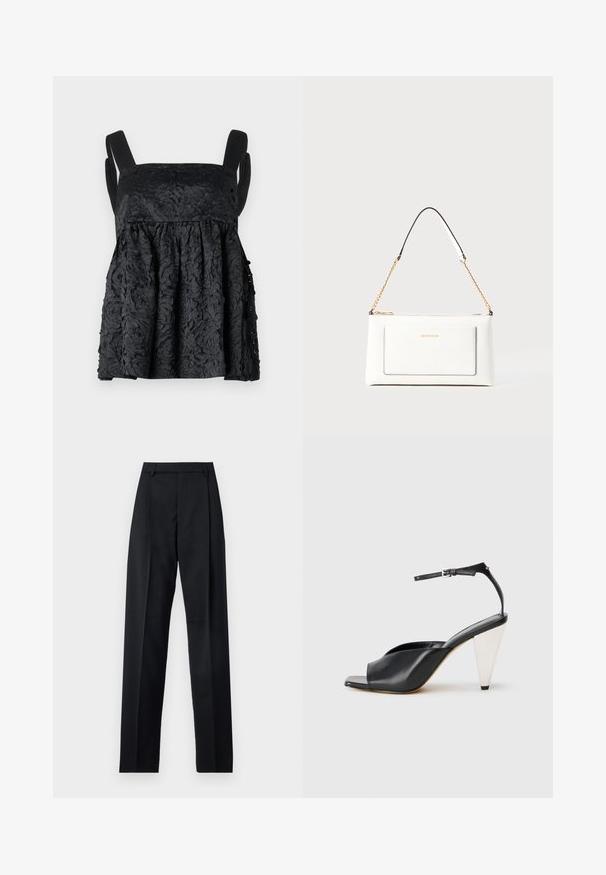 Fekete, ujjatlan felső, texturált anyagból, kiemelkedő virágmintával. Lazán illeszkedő, redőzött derékkal és széles pántokkal.; Fekete nadrág sima anyagból, magas derékkal, széles lábakkal, elülső redőkkel és klasszikus övhurkokkal. Oldalzsebek nem láthatók.; Fekete bőr magassarkú szandál nyitott orral, aszimmetrikus dizájnnal, bokapánttal és fémes kúpos sarokkal. Az anyag sima textúrájú.; Fehér bőr kézitáska, texturált felülettel, arany lánccal és fekete részletekkel. Elülső zsebbel és cipzáros zárással rendelkezik.