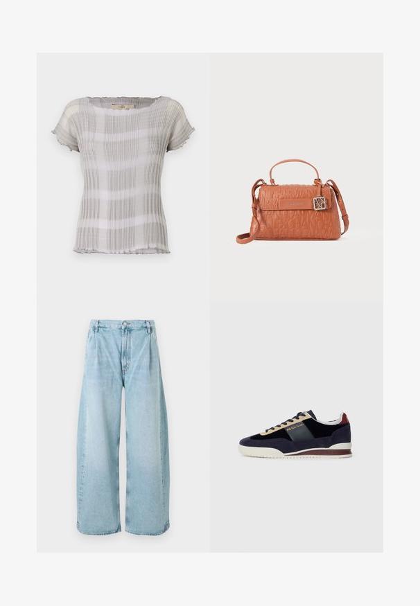 Ljusgrå kortärmad topp med ett strukturerat randigt mönster. Mjuk, genomskinlig tyg med rundad halsringning och volangkant.; Ljusblå vida denimbyxor med veck fram, knappstängning och raka benslut, med en urtvättad struktur över hela.; Mörkblå mockaskor med beige och mörkblå detaljer. Har en vit gummisula och gyllene märkning på sidan. Klassisk sportig design.; Orange läderhandväska med präglad logotypdesign, ett handtag ovanpå, justerbar axelrem och silverfärgad hårdvarudetalj.