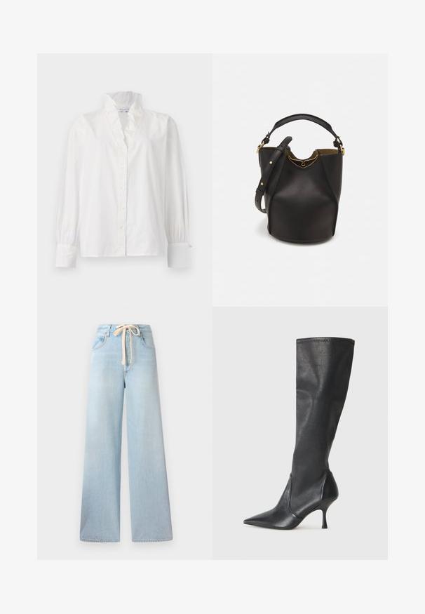 Bílá bavlněná blůza s volánkovým límcem, dlouhými nabíranými rukávy a zapínáním na knoflíky s knoflíky podobnými perlám.; Světle modré široké džíny vyrobené z denimové tkaniny, s páskem na šňůrku a klasickým designem s pěti kapsami, s minimálním vyblednutím.; Černé kožené vysoké boty do kolen s špičatou špičkou a štíhlým jehlovým podpatkem. Hladká textura s přiléhavým střihem a přešitím na horním okraji.; Černá kožená kabelka ve tvaru vědra s texturovaným povrchem, zlatými kovovými akcenty a otevřeným vrchem. Obsahuje krátkou rukojeť a nastavitelný ramenní popruh.