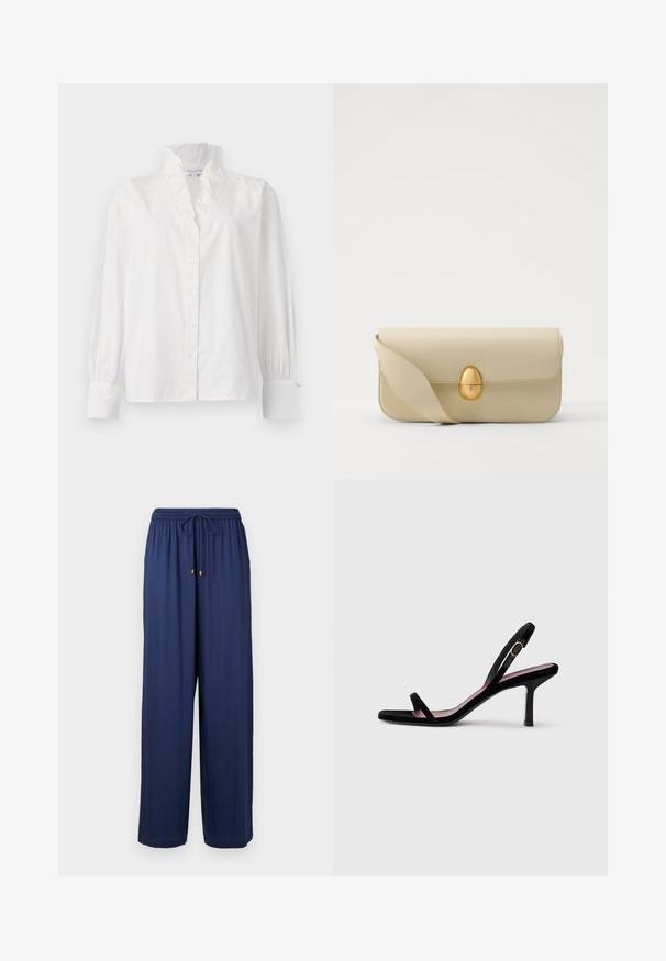 Valkoinen puuvillapaita, jossa on röyhelökaulus, pitkät puffihihat ja napitettava etuosa, jossa on helmiä muistuttavat napit.; Laivansiniset leveälahkeiset housut, joissa on joustava vyötärö ja naru, varustettu kultaisilla metallikoristeilla narun päissä. Pehmeä kangas.; Mustat mokkanahkaiset naisten korkokengät ohuilla remmeillä ja kultaisella soljella valkoista taustaa vasten, sivukuva.; Beige nahka käsilaukku, jossa on sileä pinta, suorakulmainen muoto ja kultainen soikea solki. Varustettu pitkällä, säädettävällä hihnalla.