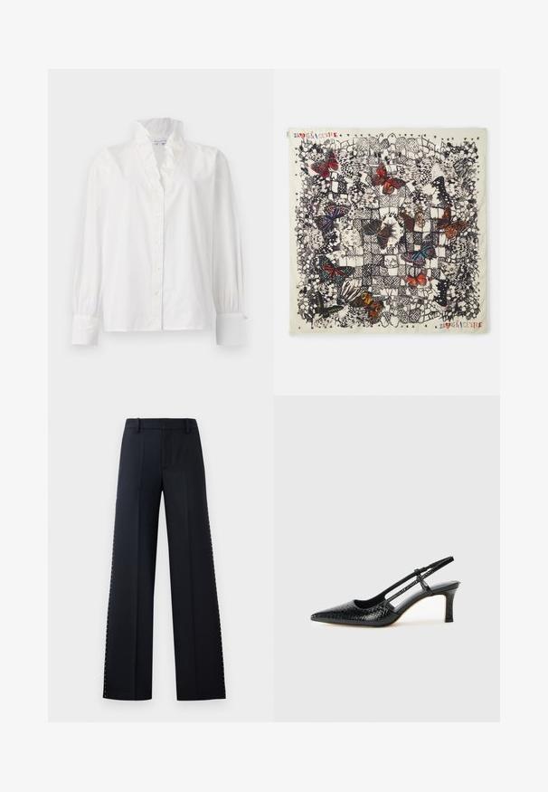 Blusa branca de algodão com um colarinho plissado, mangas longas bufantes e frente com botões, apresentando botões semelhantes a pérolas.; Calças de perna larga em preto. Corte ajustado com uma textura suave. Apresenta uma fileira de tachas metálicas ao longo das costuras laterais para detalhe.; Salto slingback em patente preta com bico apontado, apresentando um padrão de pele de cobra texturizado, tira ajustável e um salto bloco curto e texturizado.; Lenço de seda quadrado com ilustrações detalhadas de borboletas em várias cores sobre um fundo claro, com contornos pretos e padrões decorativos.