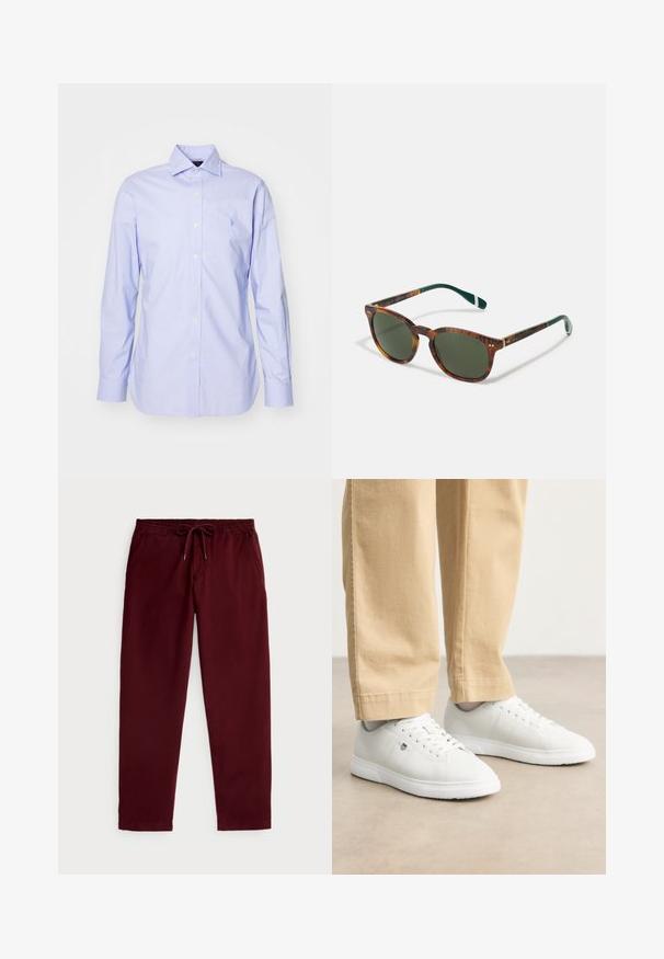 Polo Ralph Lauren SLIM FIT GINGHAM DOBBY SHIRT - Skjorte - blue/white; Polo Ralph Lauren POLO PREPSTER STRETCH CLASSIC FIT PANT - Bukse - rich ruby; Hvite lær sneakers med en glatt finish, med rund tå, snøring og subtile logodetaljer på siden, pyntet med beige bukser.; Kameleontsolbriller med grønne linser, rund form, gullakenter og mørkegrønne stenger med en hvit stripe.
