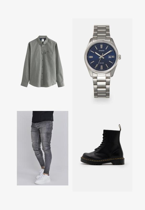 Szary longsleeve z kołnierzykiem zapinanym na guziki, kieszonką z przodu i kontrastowym wzorem wewnątrz kołnierzyka. Gładka faktura, klasyczny krój.; Wąskie dżinsy w wyblakłym szarym denimu, z przetarciami na kolanach, zestawione z białymi trampkami. Gładka faktura, fason dopasowany.; Czarne skórzane botki sięgające do kostki z sznurowanym przodem, żółtym przeszyciem, zaokrąglonym czubkiem i grubą, teksturowaną gumową podeszwą.; Srebrny zegarek na stalowej bransolecie z niebieską tarczą, metalowymi indeksami godzinowymi oraz okienkiem daty na godzinie 3. Wodoodporny do 50 metrów.